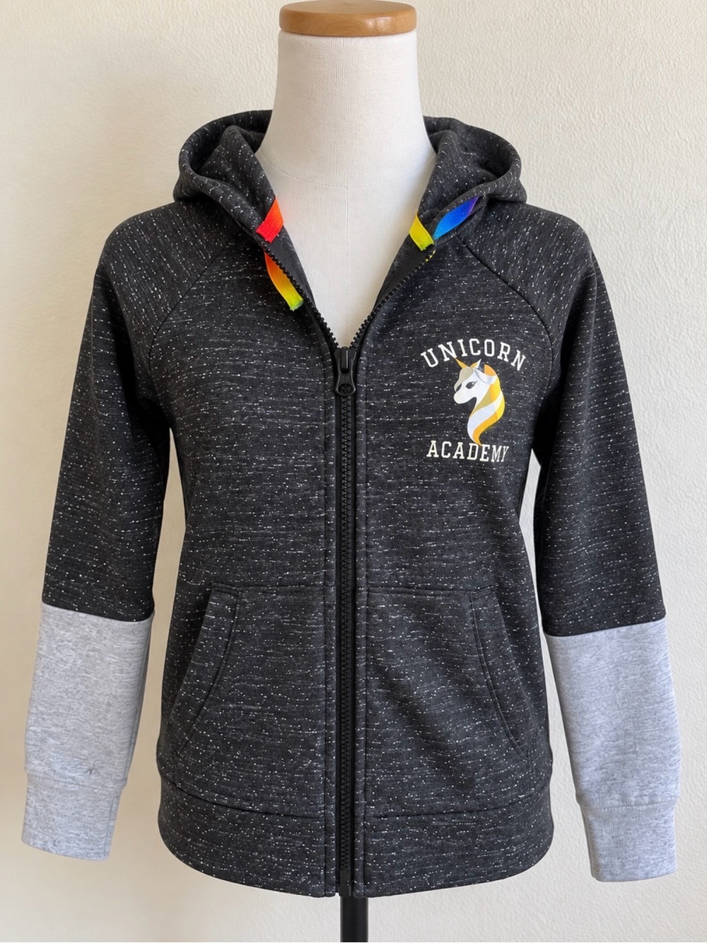 Athletic Works Black & Gray Unicorn Academy Zip Hoodie with Rainbow Accents